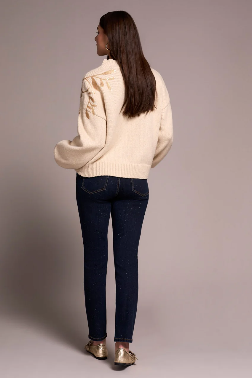 Tribal Claudia Sequined Mock Neck - Latte