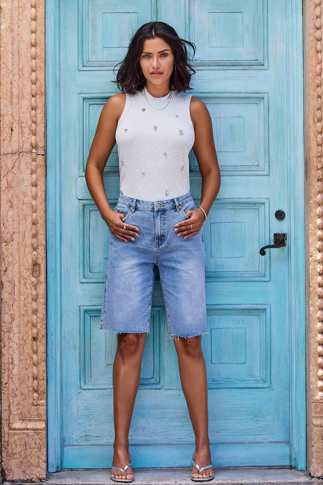 Tribal Embellished Racerback - Light Grey Mix