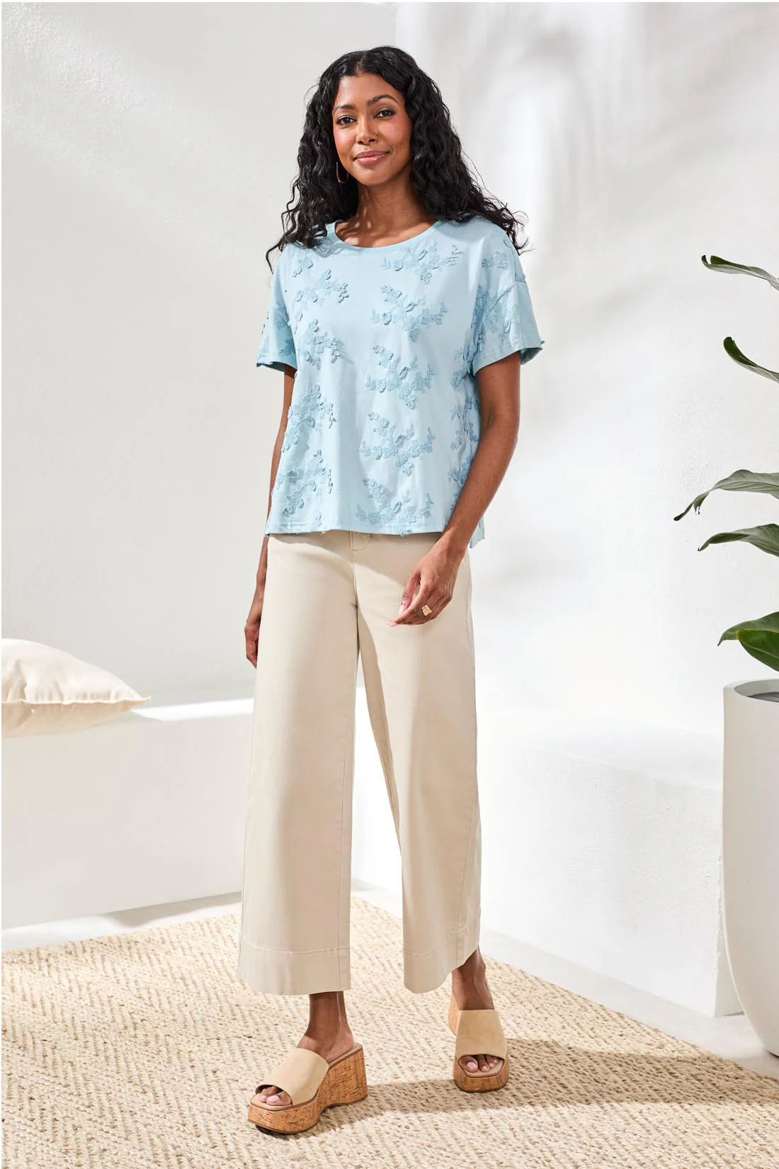 Tribal Embroidered Tee - Light Aqua Sky