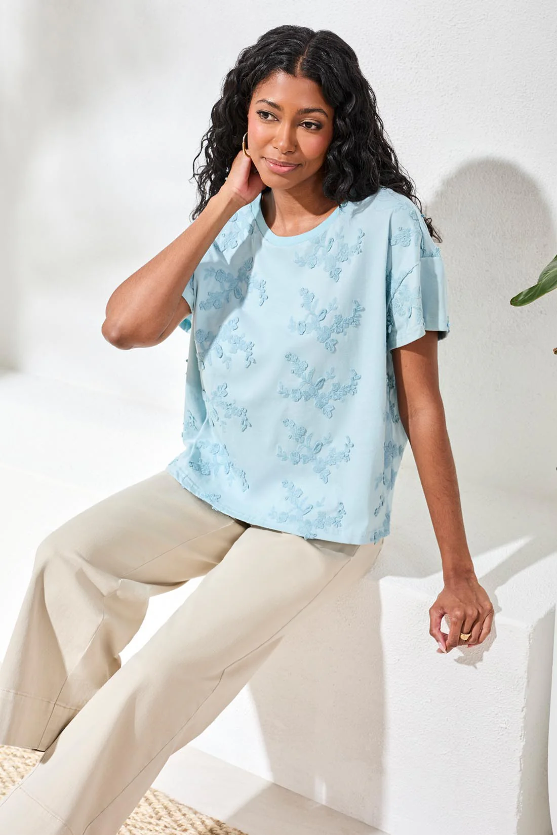 Tribal Embroidered Tee - Light Aqua Sky