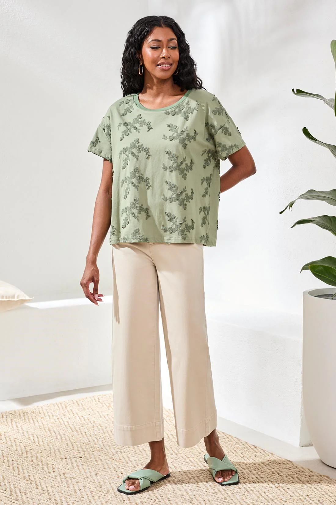 Tribal Embroidered Tee - Moss