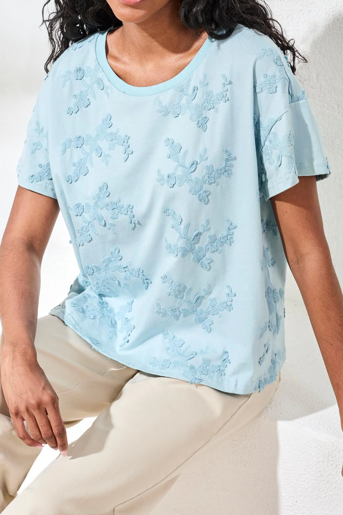 Tribal Embroidered Tee - Light Aqua Sky