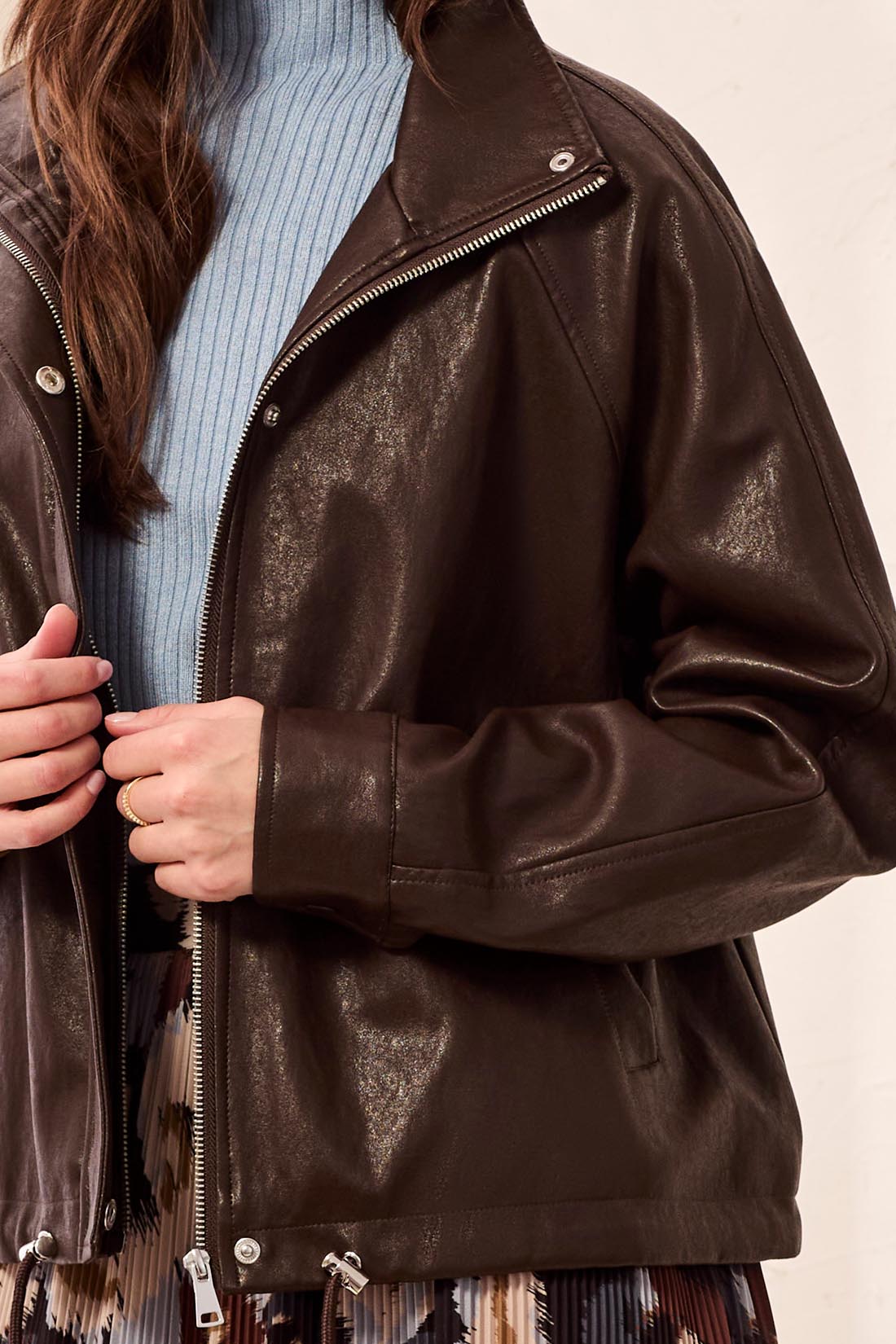 Tribal Faux Leather Bomber - Saddle Brown
