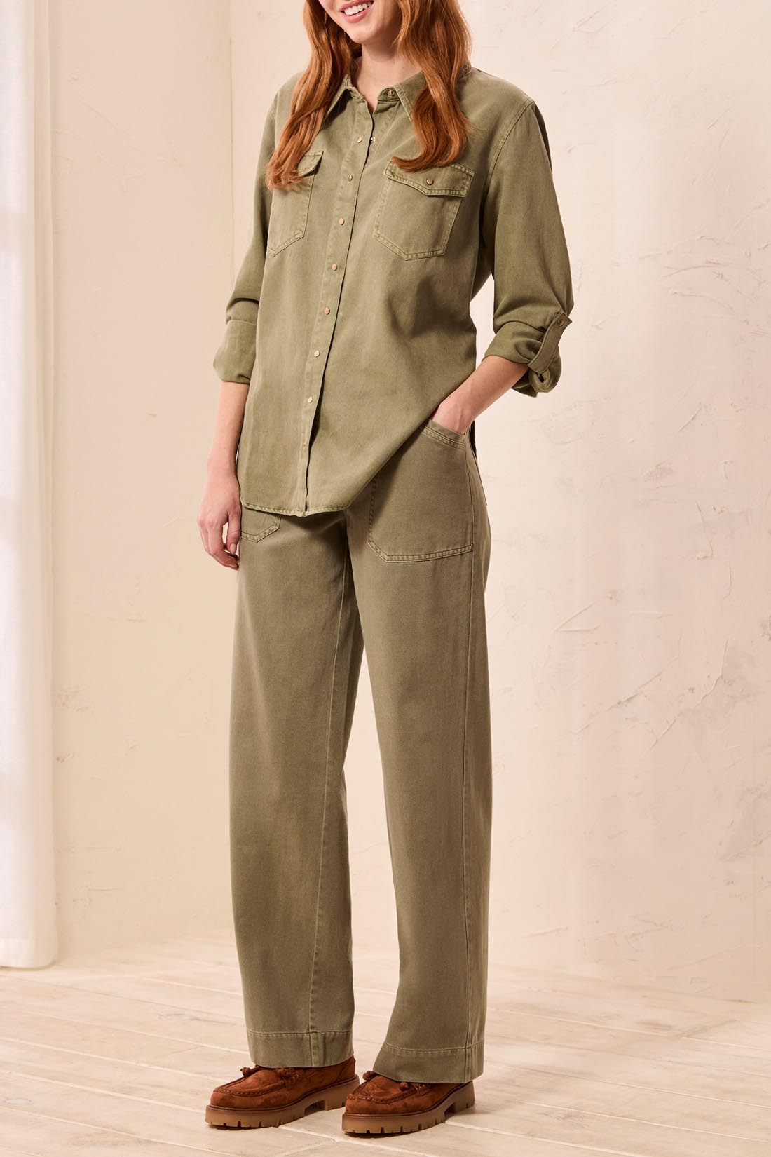 Tribal Josie Flowy Wide Pant - Olive Stone