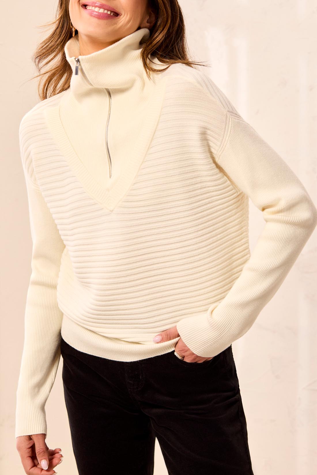 Tribal Kathleen Zip Up Sweater - Cream