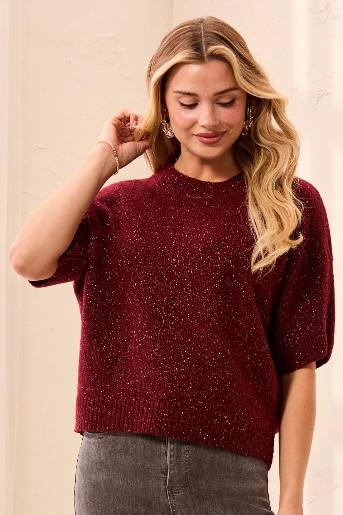 Tribal Lofty Sparkle SS Sweater - Cherry