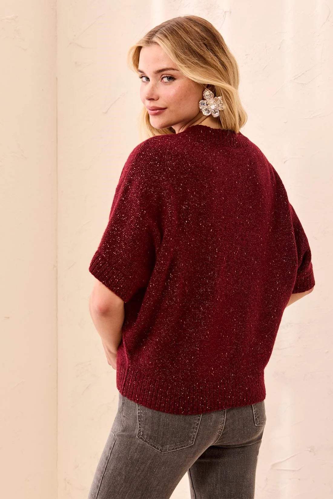 Tribal Lofty Sparkle SS Sweater - Cherry