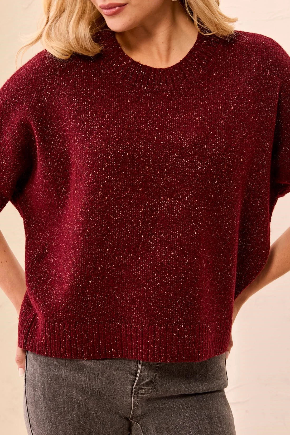Tribal Lofty Sparkle SS Sweater - Cherry
