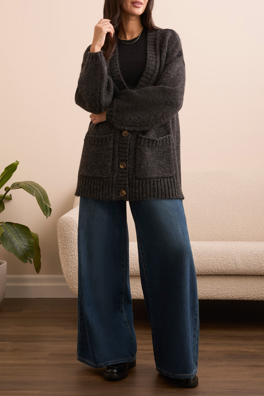 Tribal Penny Oversize Puff Sleeve Cardi - Black