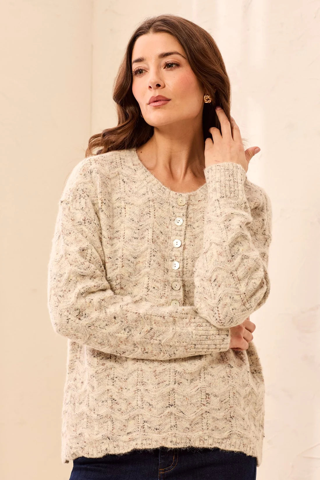 Tribal Scallop Henley Sweater - Cream