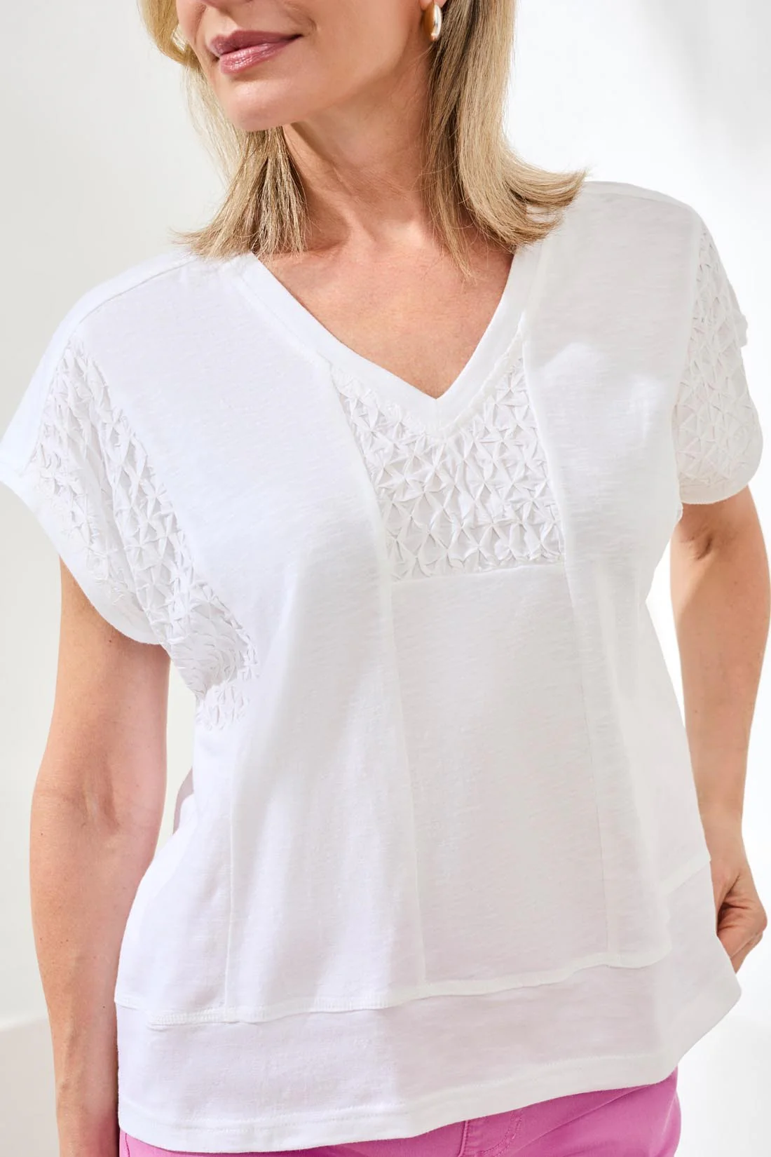 Tribal Cap Sleeve Ruched Detail Top - White
