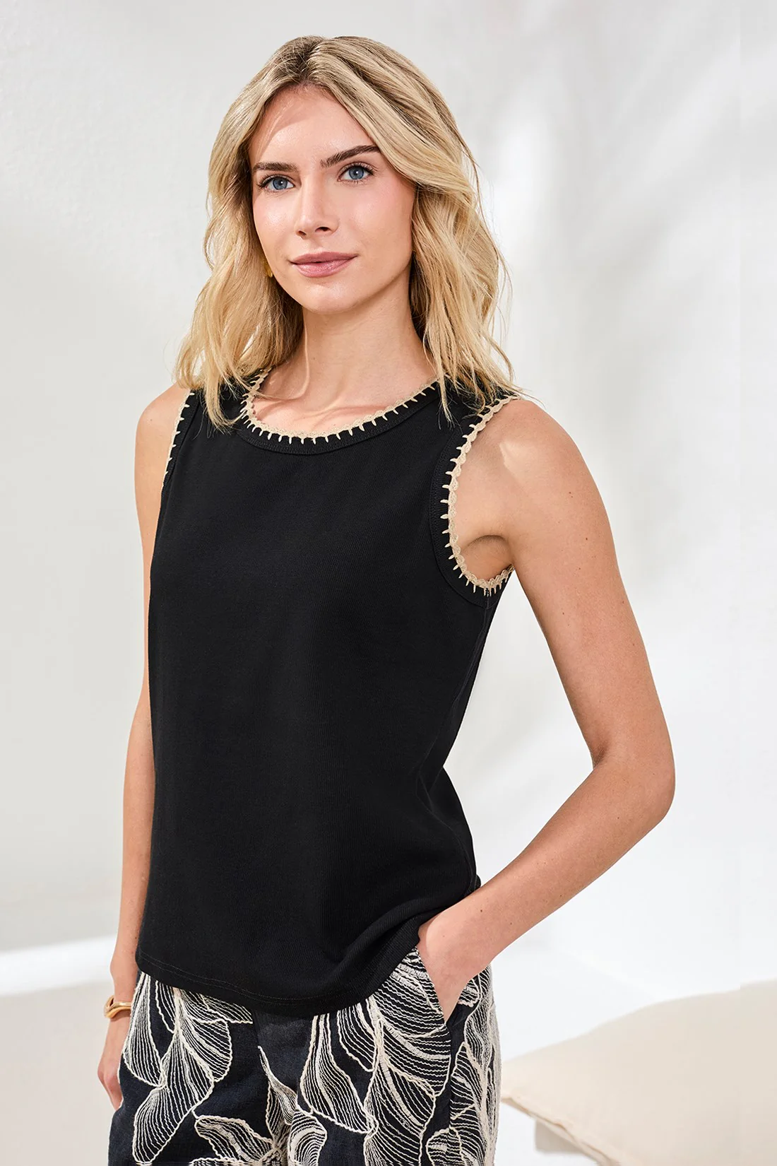 Tribal Stitch Detail Tank - Black
