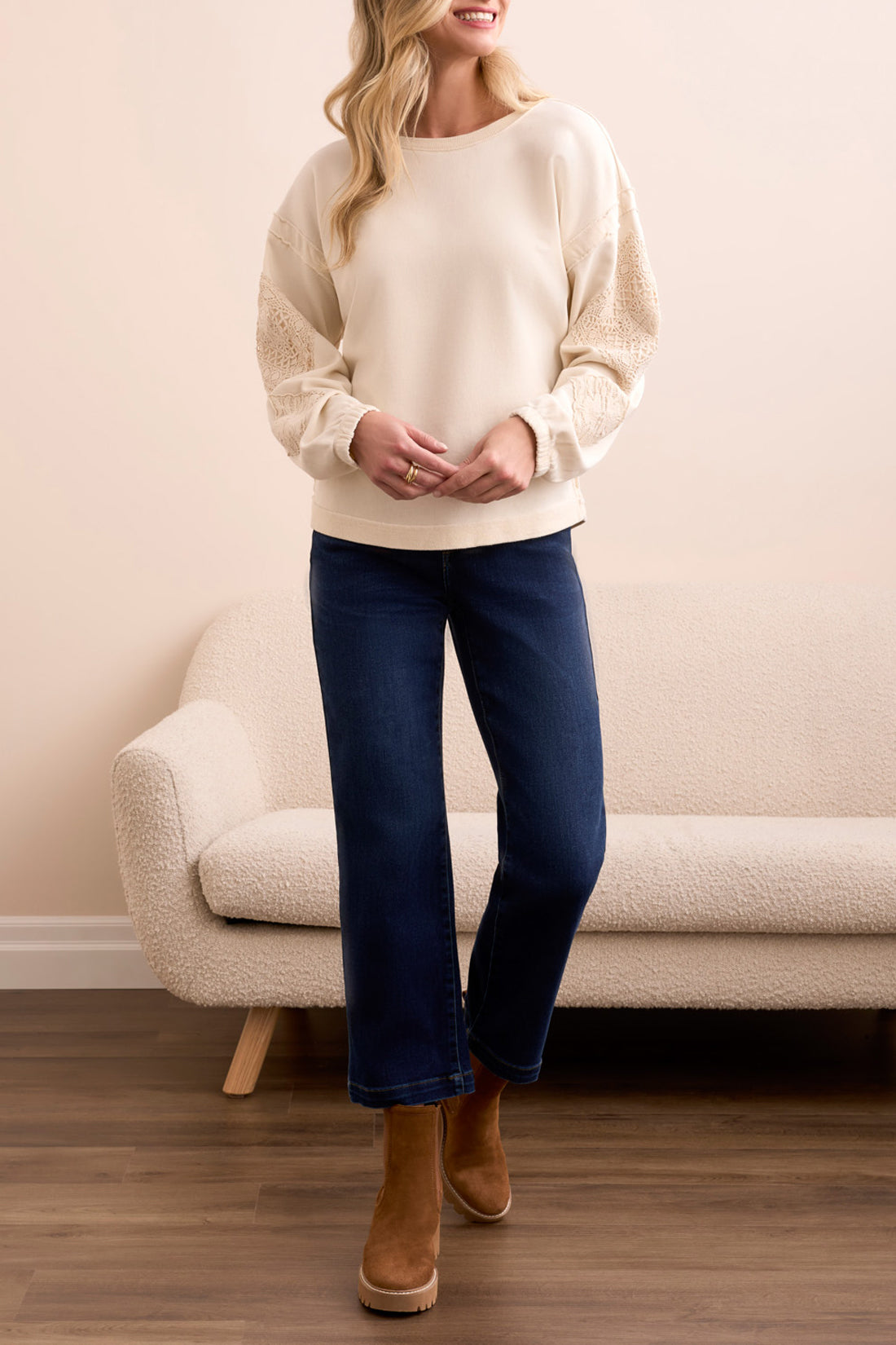 Tribal Thea Applique Crew - Cream