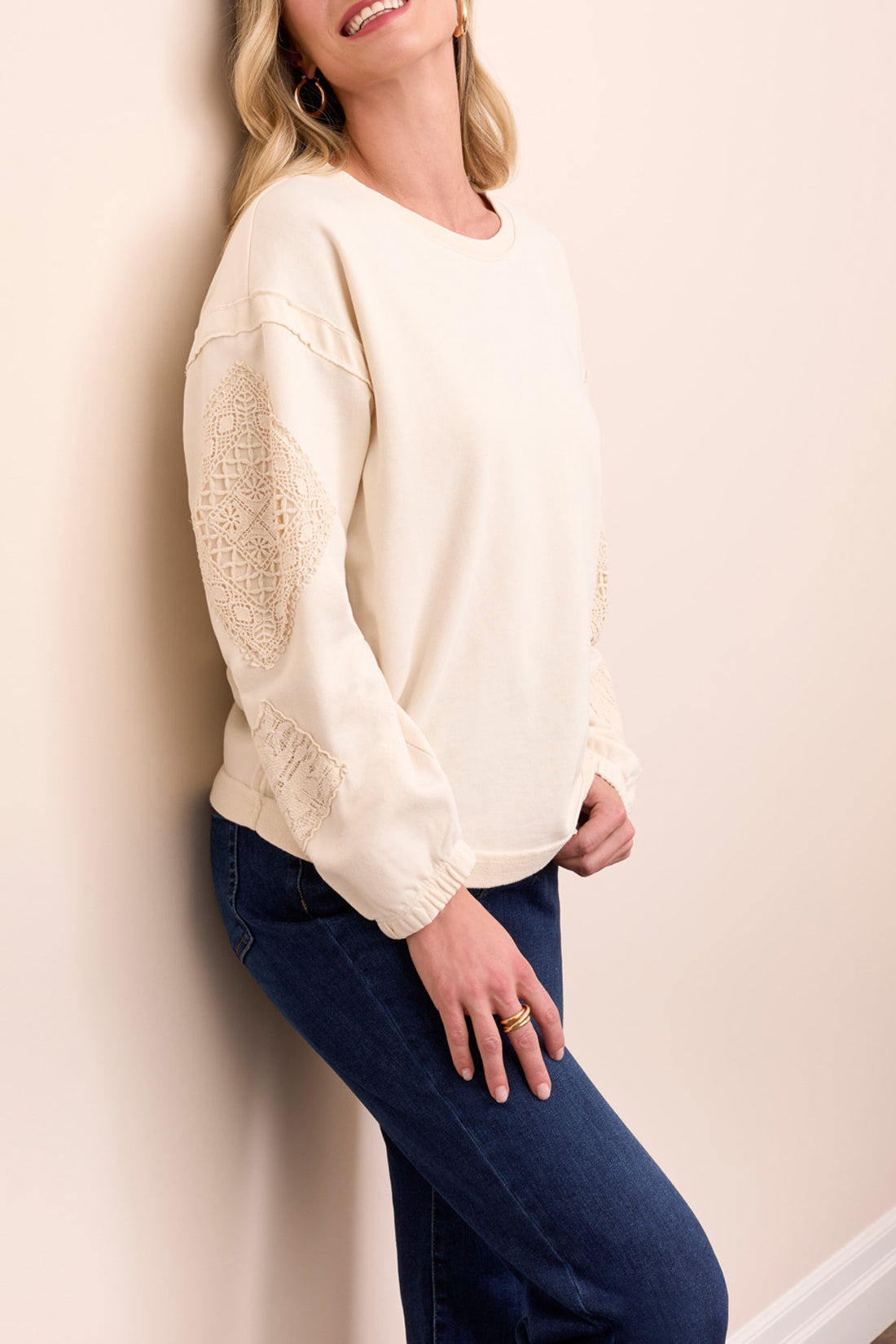 Tribal Thea Applique Crew - Cream