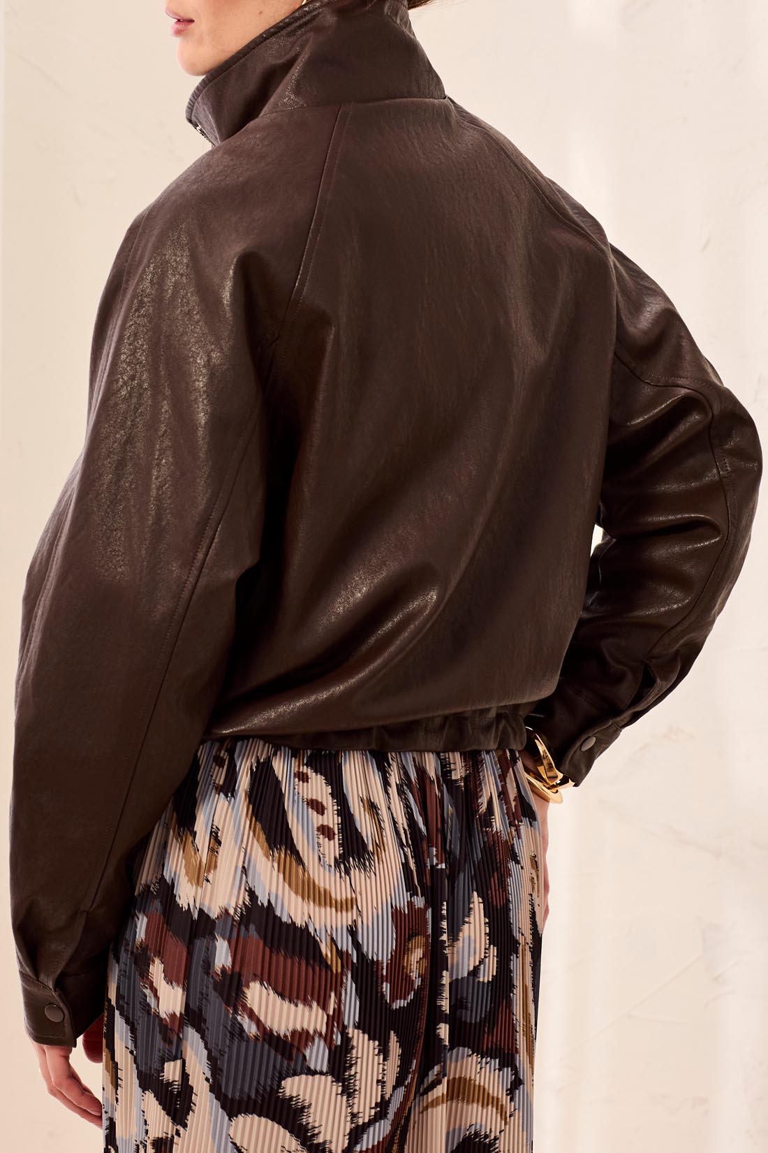Tribal Faux Leather Bomber - Saddle Brown