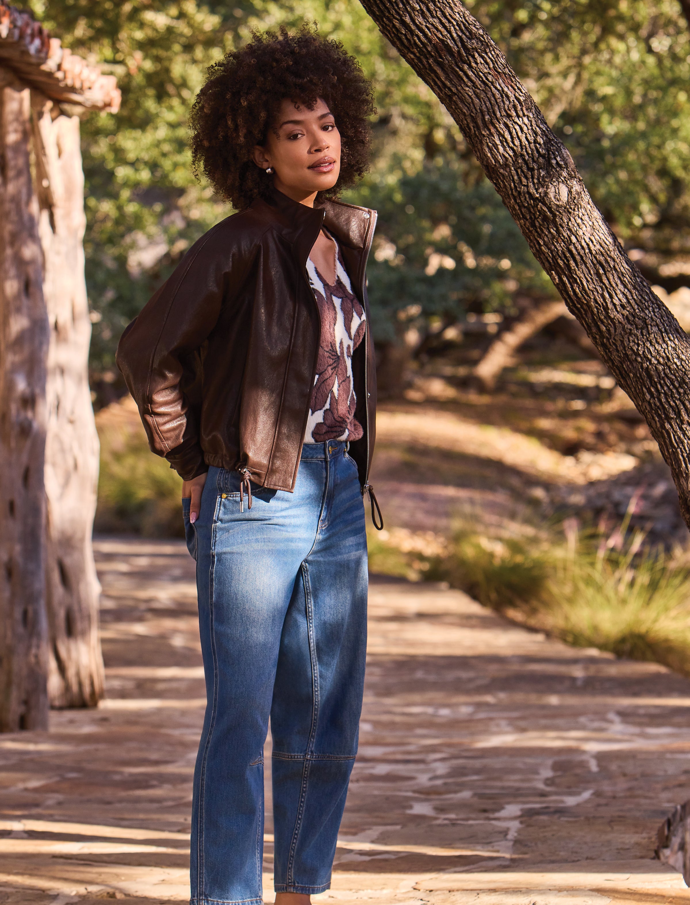 Tribal Faux Leather Bomber - Saddle Brown