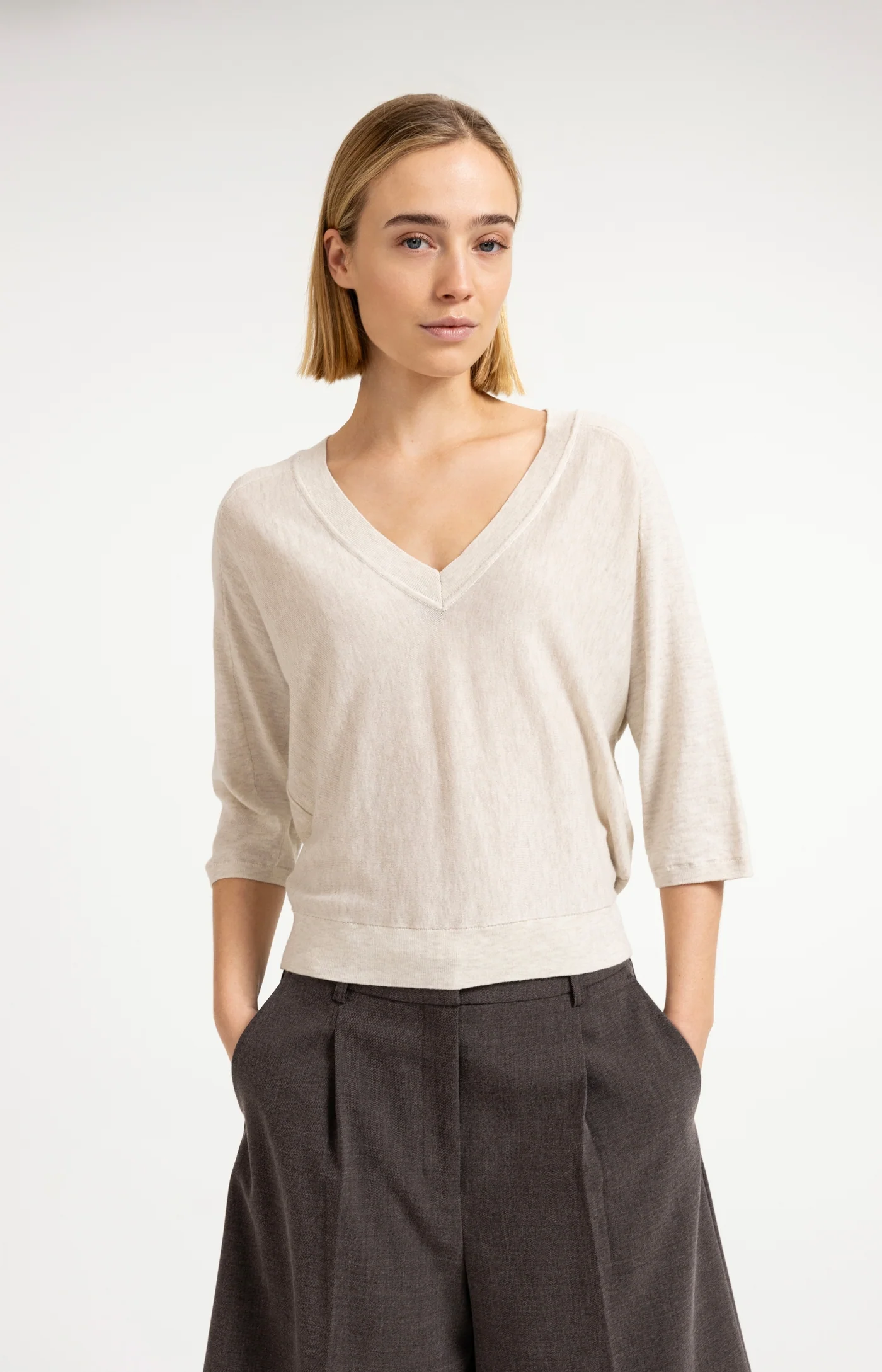 Yaya V Neck Sweater - Beige Melange