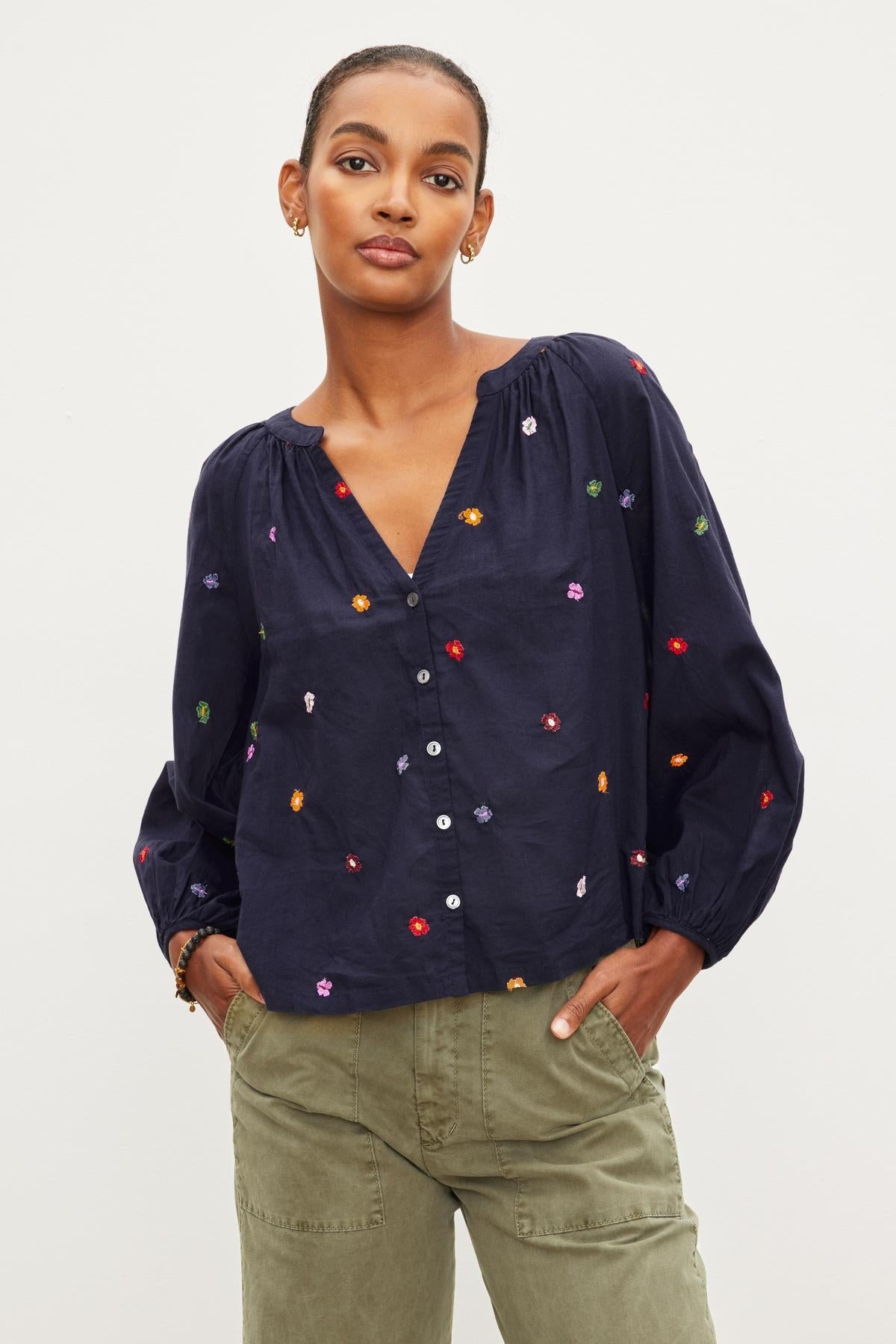 Velvet Aretha Embroidered Blouse - Navy Clothing - Tops - Shirts - Blouses - Blouses Top Price by Velvet | Grace the Boutique