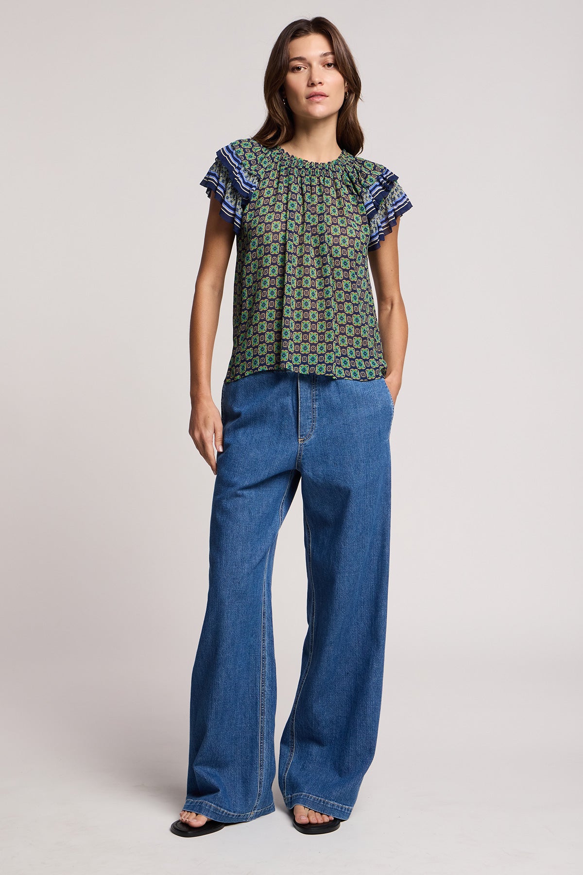 Velvet Dahlia Silk Border Print Top - Multi