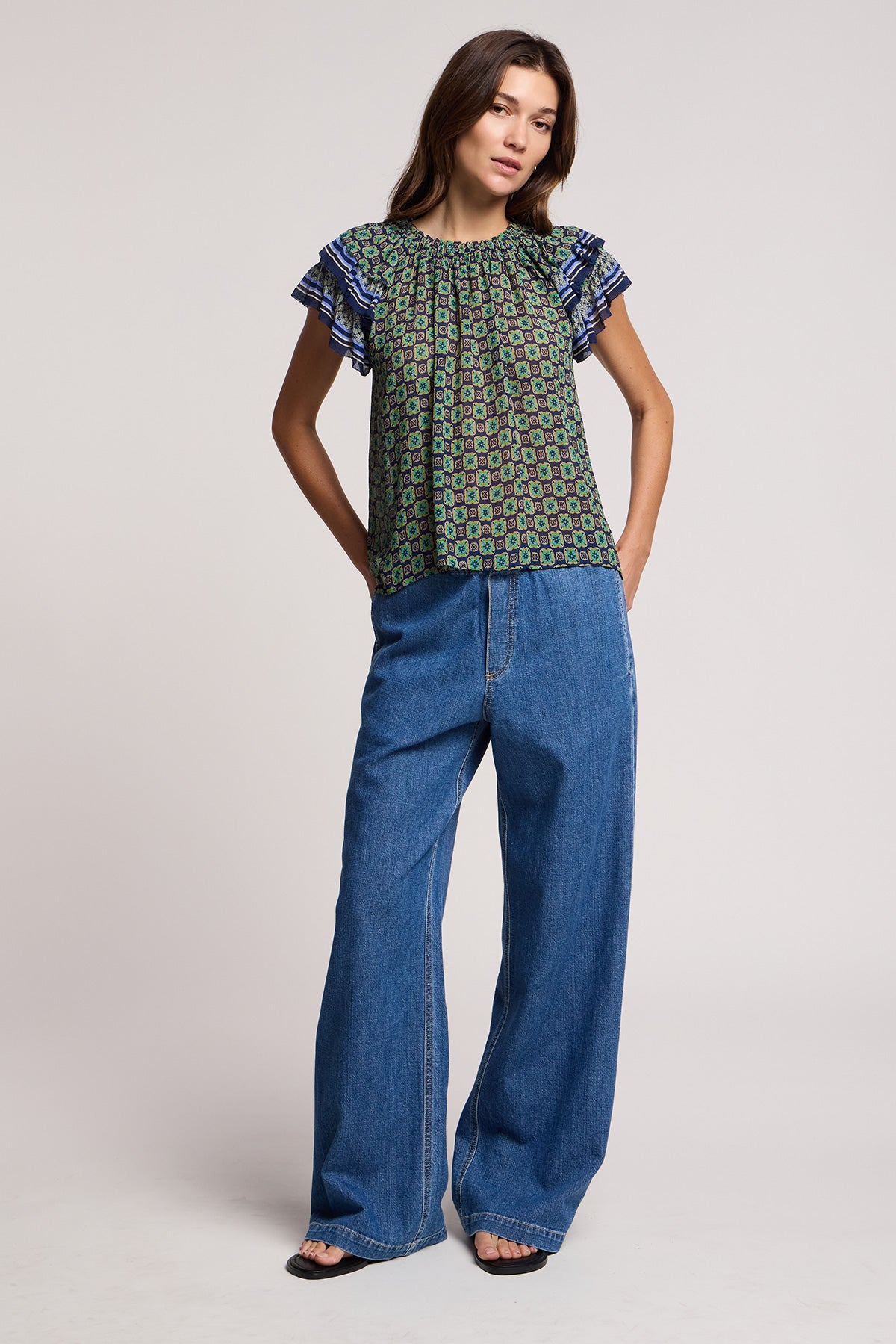 Velvet Dahlia Silk Border Print Top - Multi