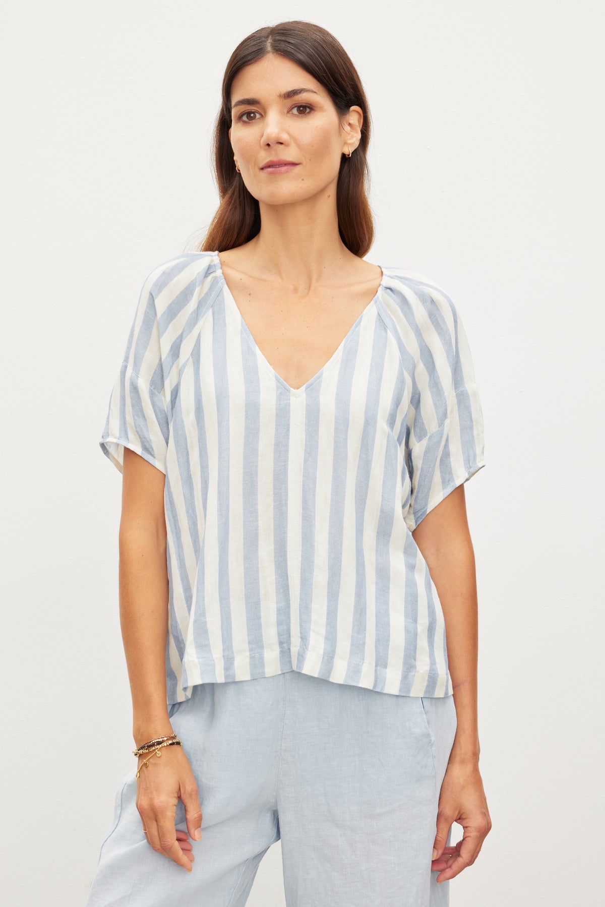 Velvet Katy Stripe Linen Puff Sleeve Top - Sky Clothing - Tops - Shirts - Blouses - Blouses Top Price by Velvet | Grace the Boutique