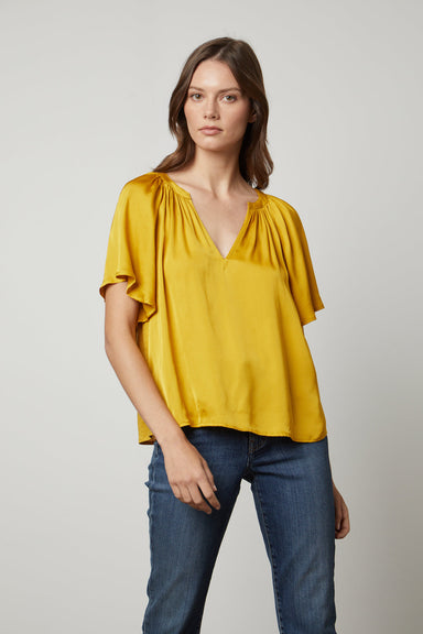Velvet Larsa Lux Slub Flutter Sleeve - Gold Clothing - Tops - Shirts - Blouses - Blouses Top Price by Velvet | Grace the Boutique
