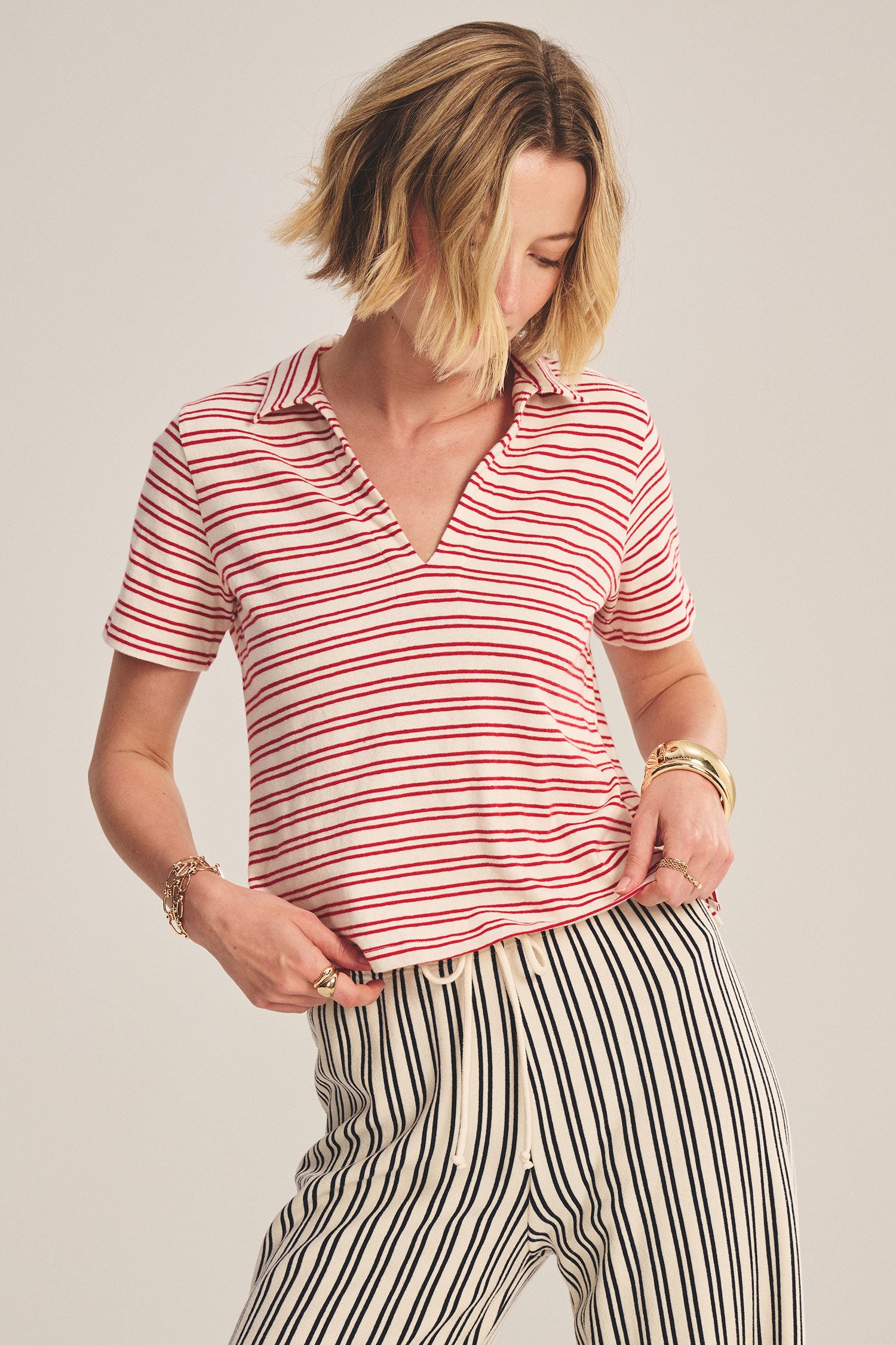 Velvet Perrin Striped Polo - Natural/Red