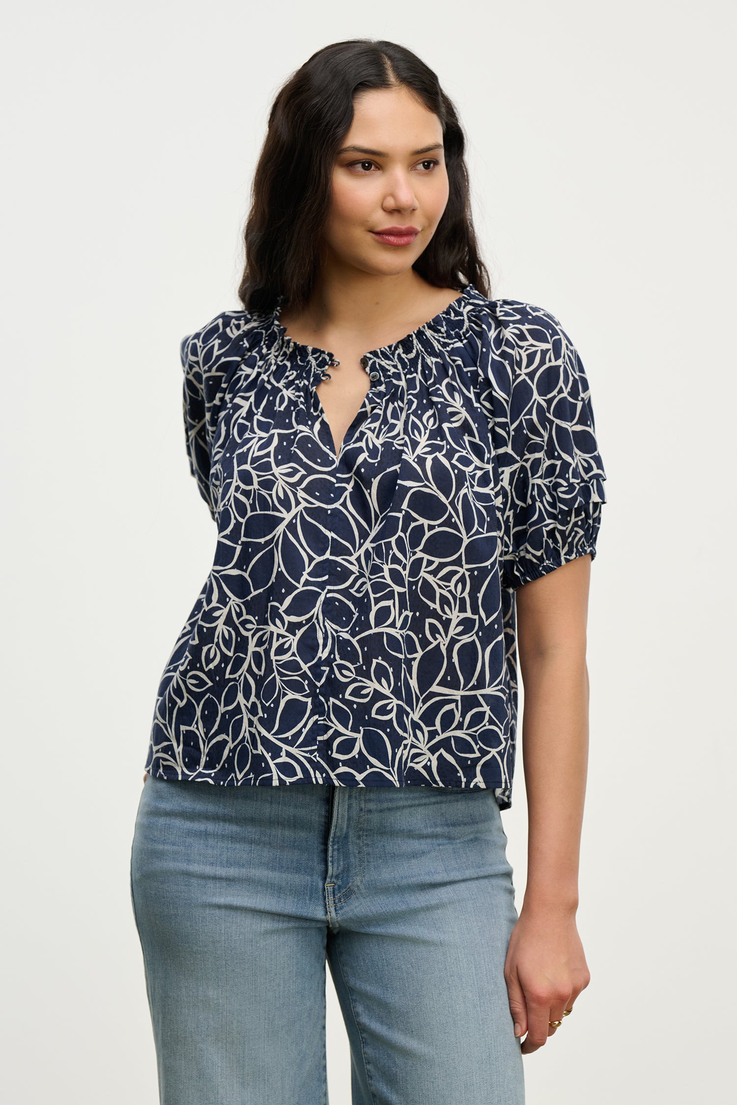 Velvet Thera Printed Voile Top - Navy