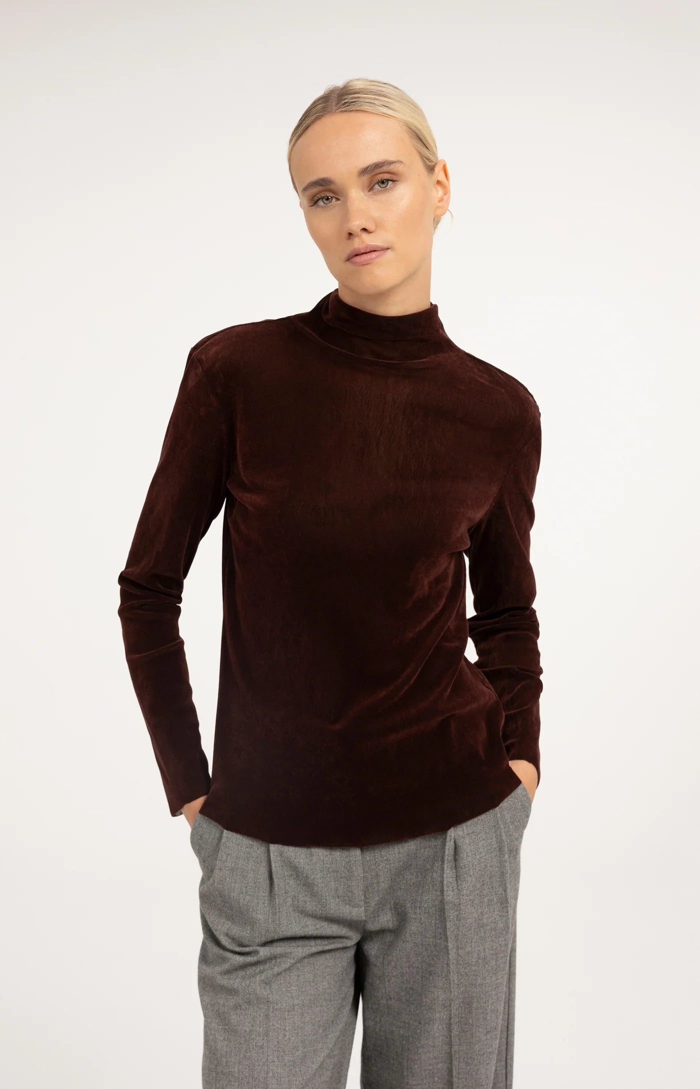 Yaya Velvet Mesh Top - Bitter Chocolate Red