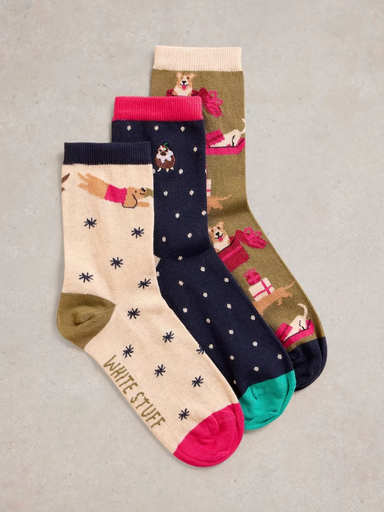 White Stuff 3 Pack Christmas Dog Socks - Navy Multi Accessories - Other Accessories - Socks by White Stuff | Grace the Boutique