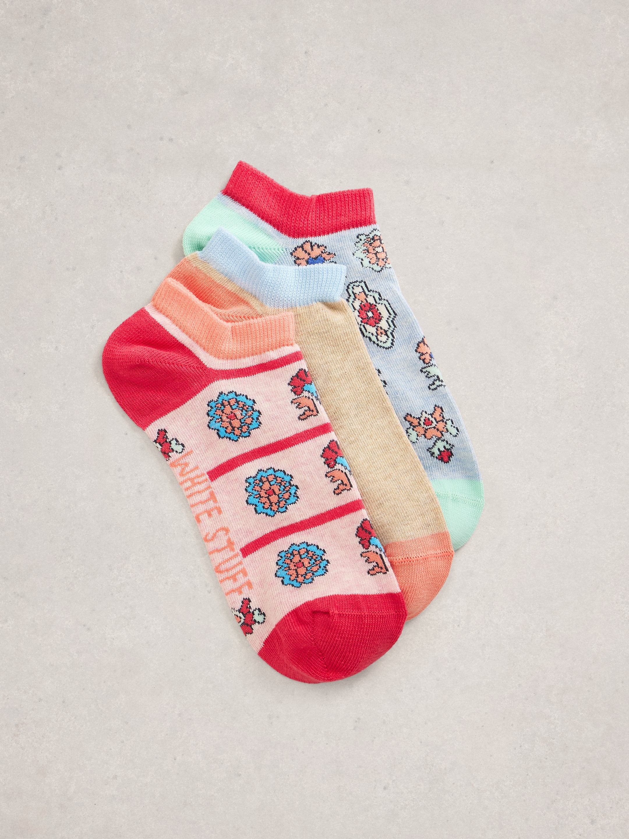 White Stuff 3 Pack Tile Print Trainer Socks - Blue Multi