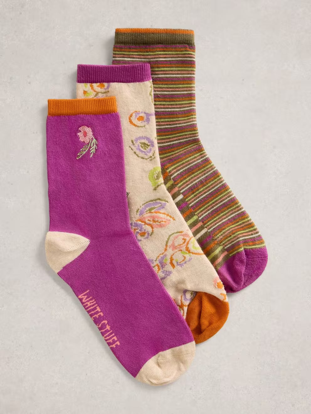 White Stuff 3 Pk Floral Ankle Socks - Purple Multi