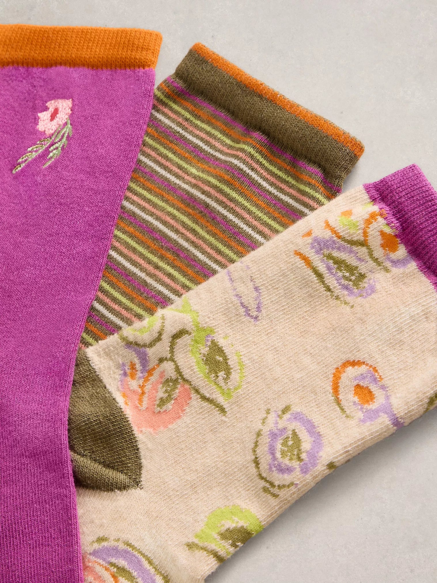White Stuff 3 Pk Floral Ankle Socks - Purple Multi
