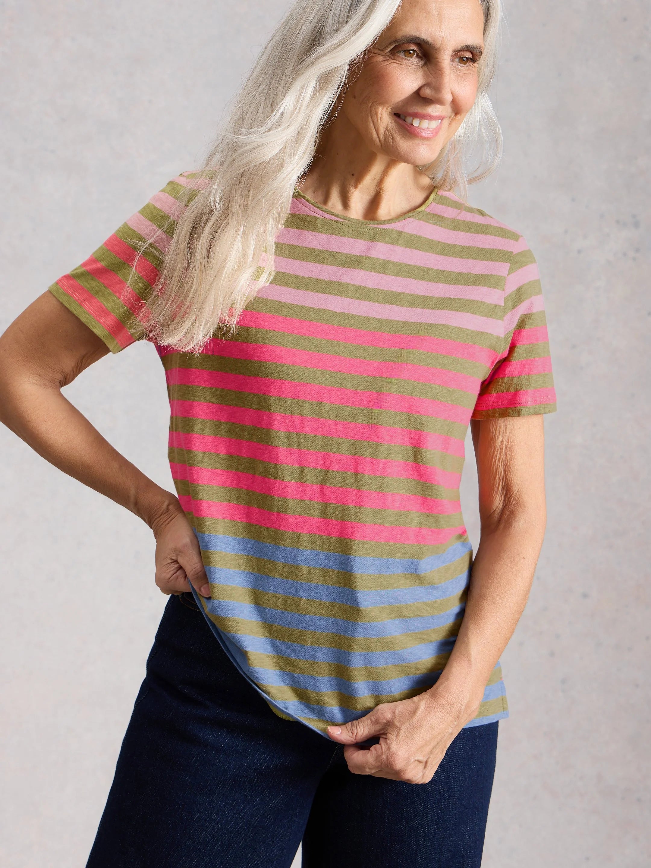 White Stuff Abbie Stripe Tee - Green Multi