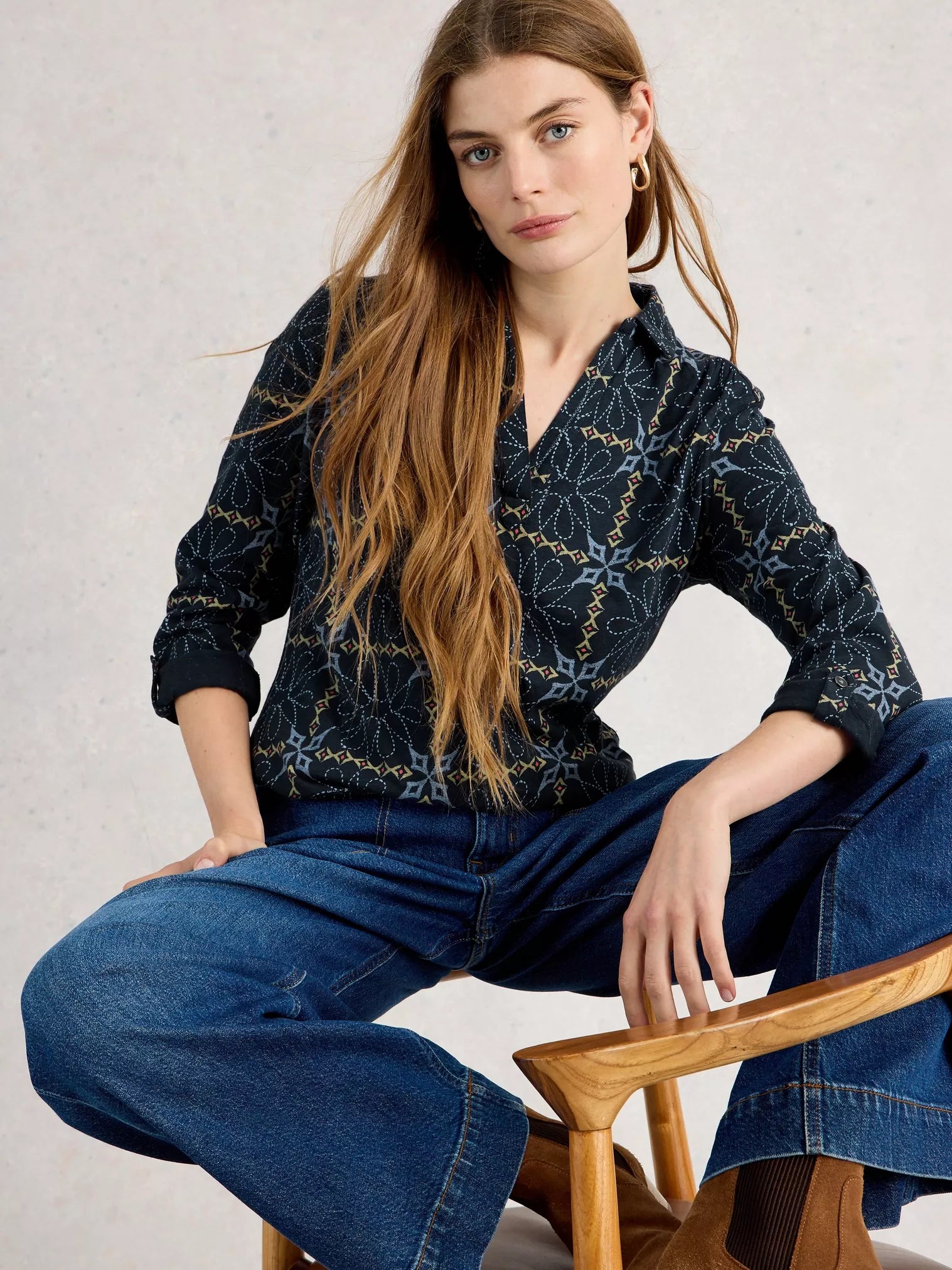 White Stuff Allie Jersey Shirt - Navy Print