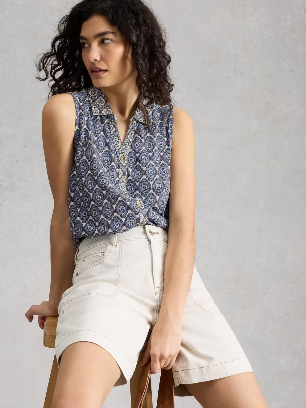 White Stuff Amy Sleeveless Shirt - Blue Print
