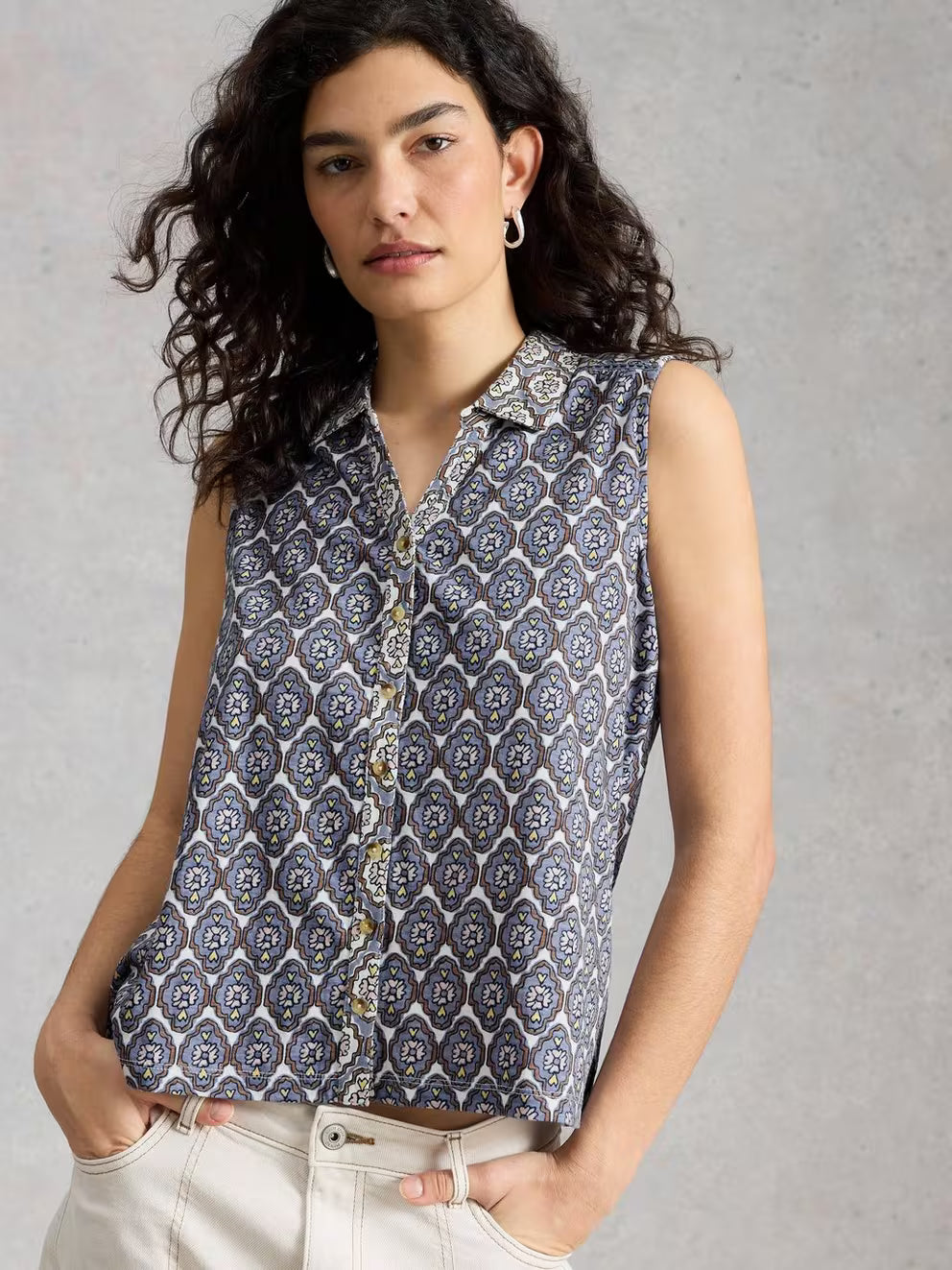 White Stuff Amy Sleeveless Shirt - Blue Print