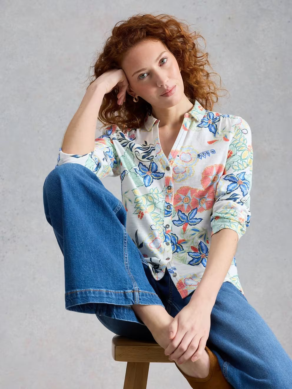 White Stuff Annie Jersey Shirt - Ivory Print 26