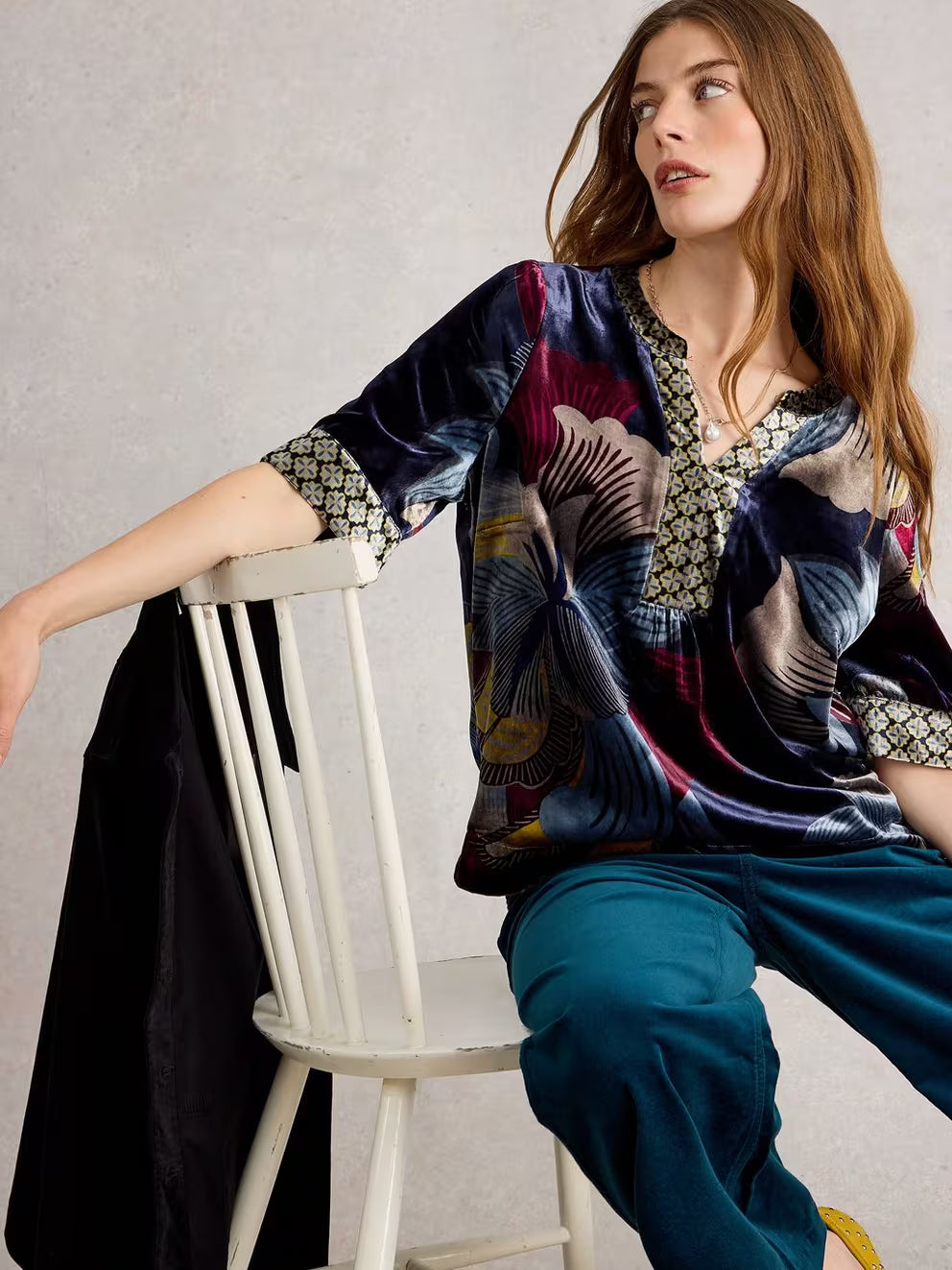 White Stuff Ash Velvet Top - Navy Multi