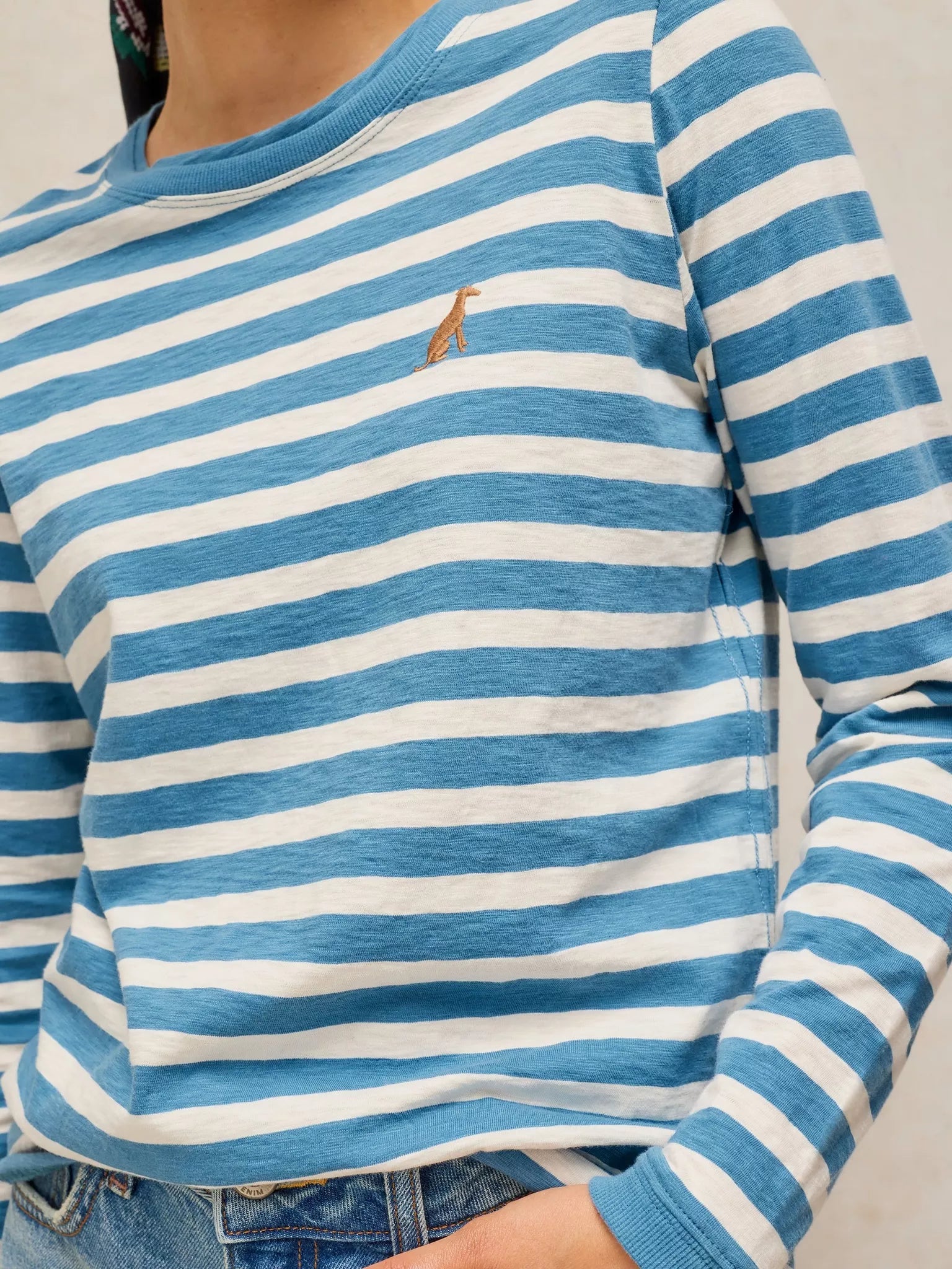 White Stuff Clara Striped Embroidered Tee - Ivory