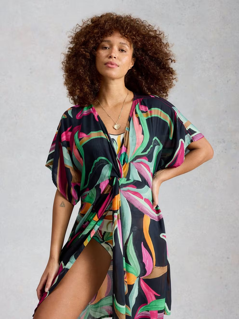 White Stuff Cleo Coverup Kimono - Black Print