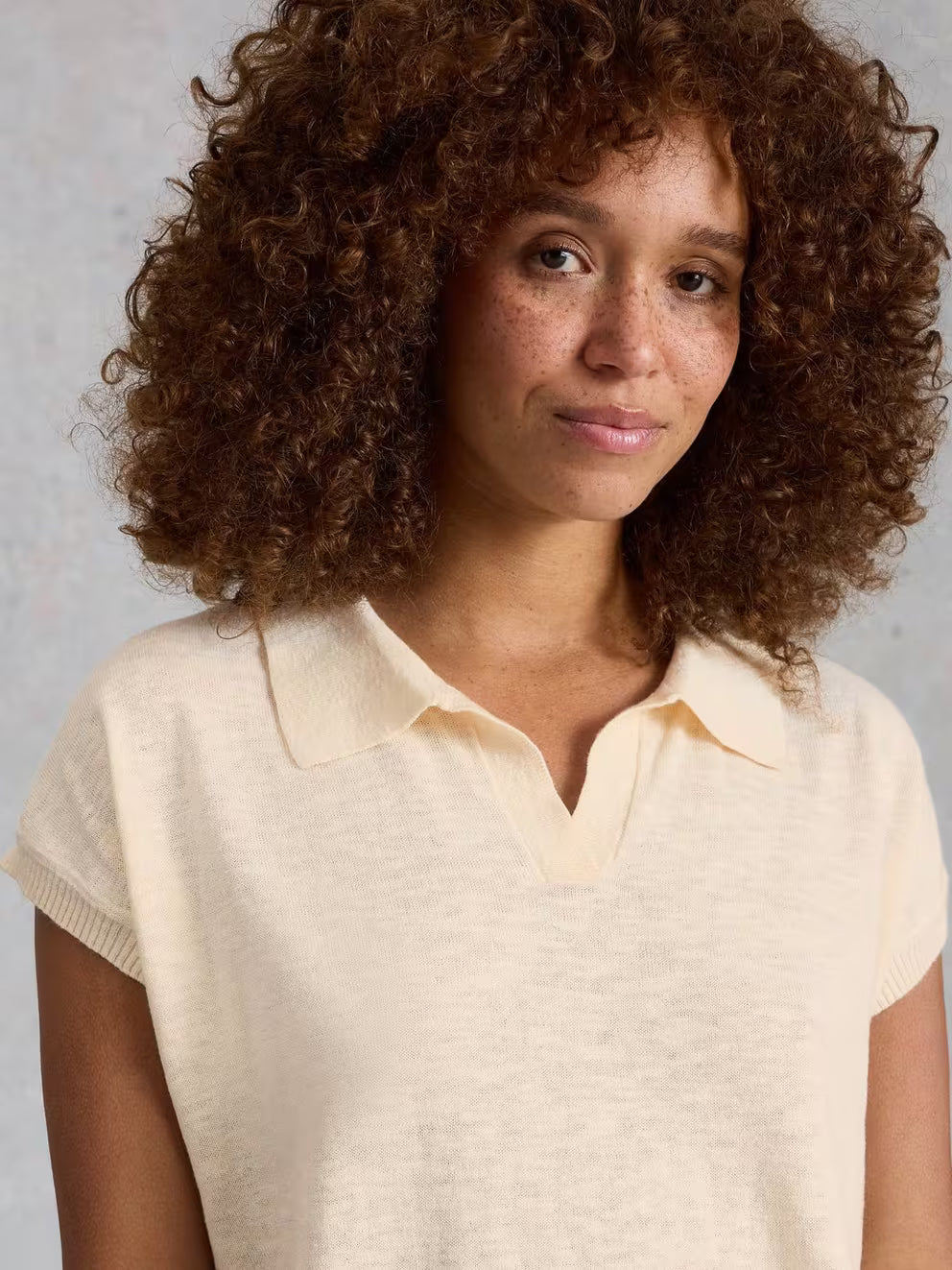 White Stuff Ginni Linen Polo Tee - Natural White