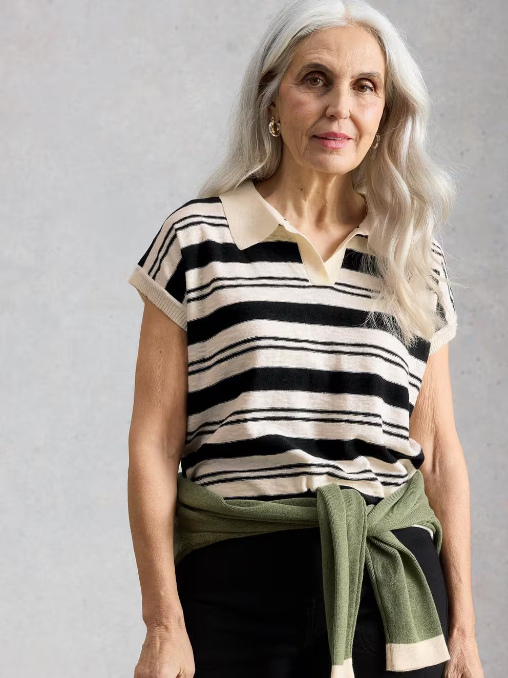 White Stuff Ginni Stripe Linen Polo Tee - Ivory Multi