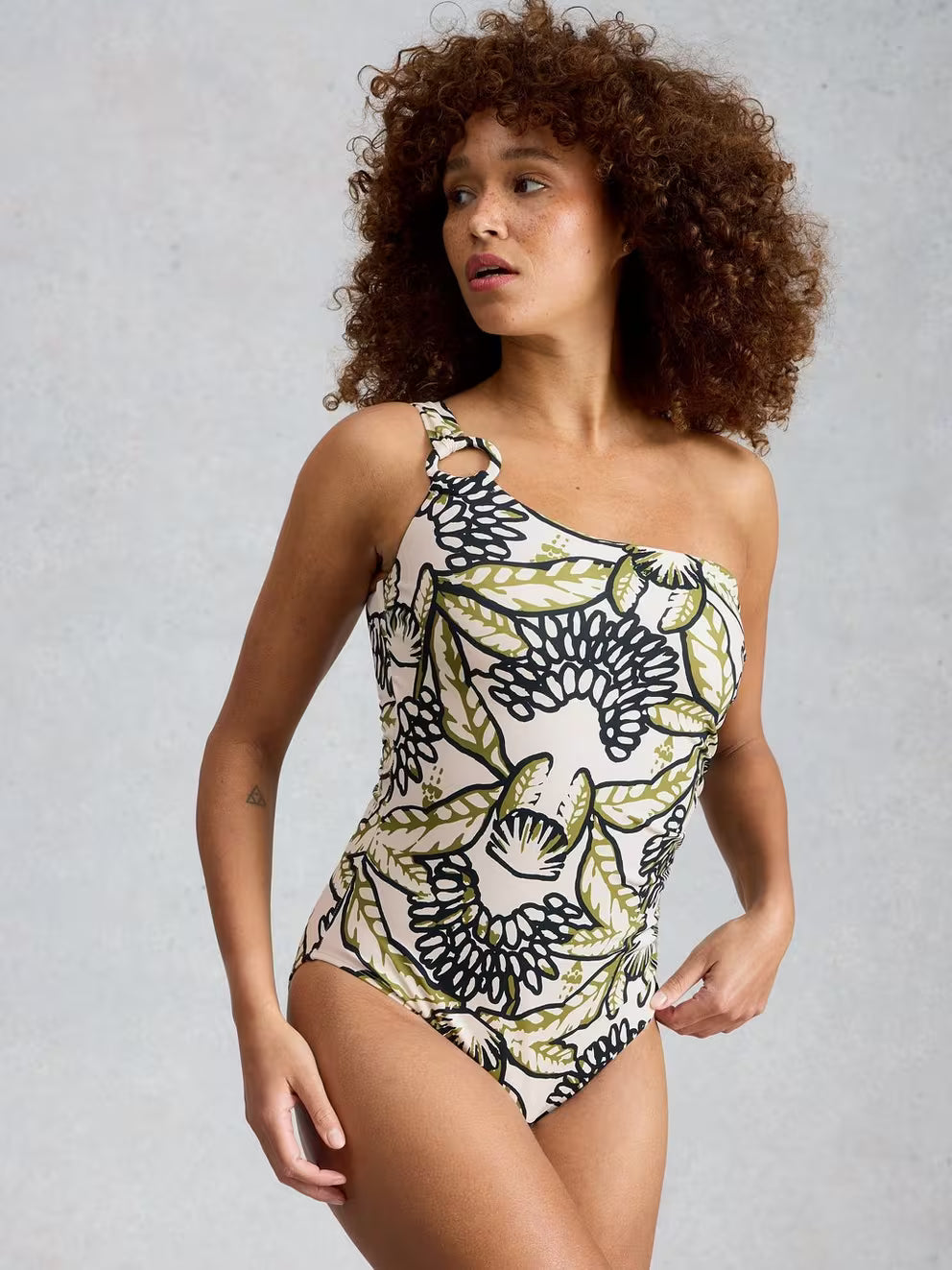 White Stuff Ivy One Shoulder Swimsuit - Ivory Print