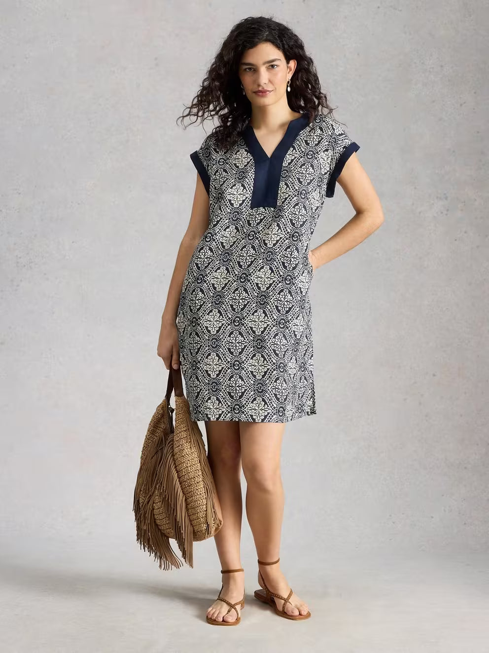 White Stuff Jilly Linen Dress - Navy Multi
