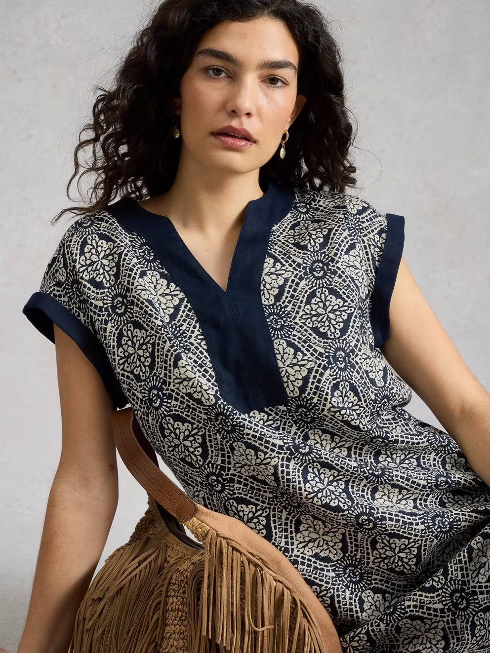 White Stuff Jilly Linen Dress - Navy Multi
