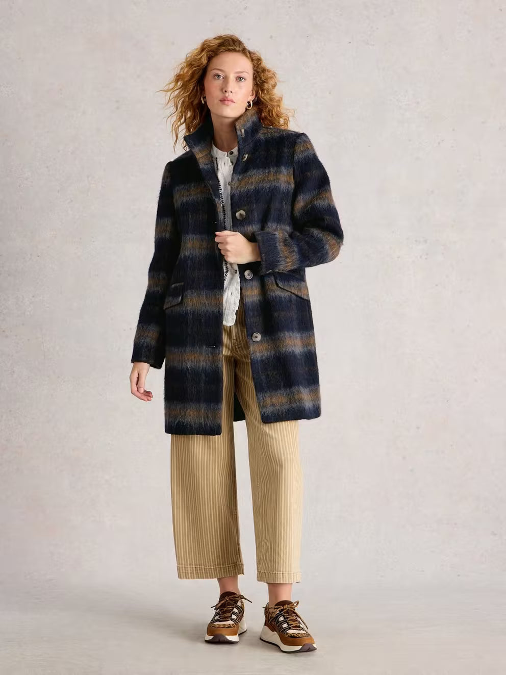 White Stuff Karla Wool Check Coat - Blue Multi