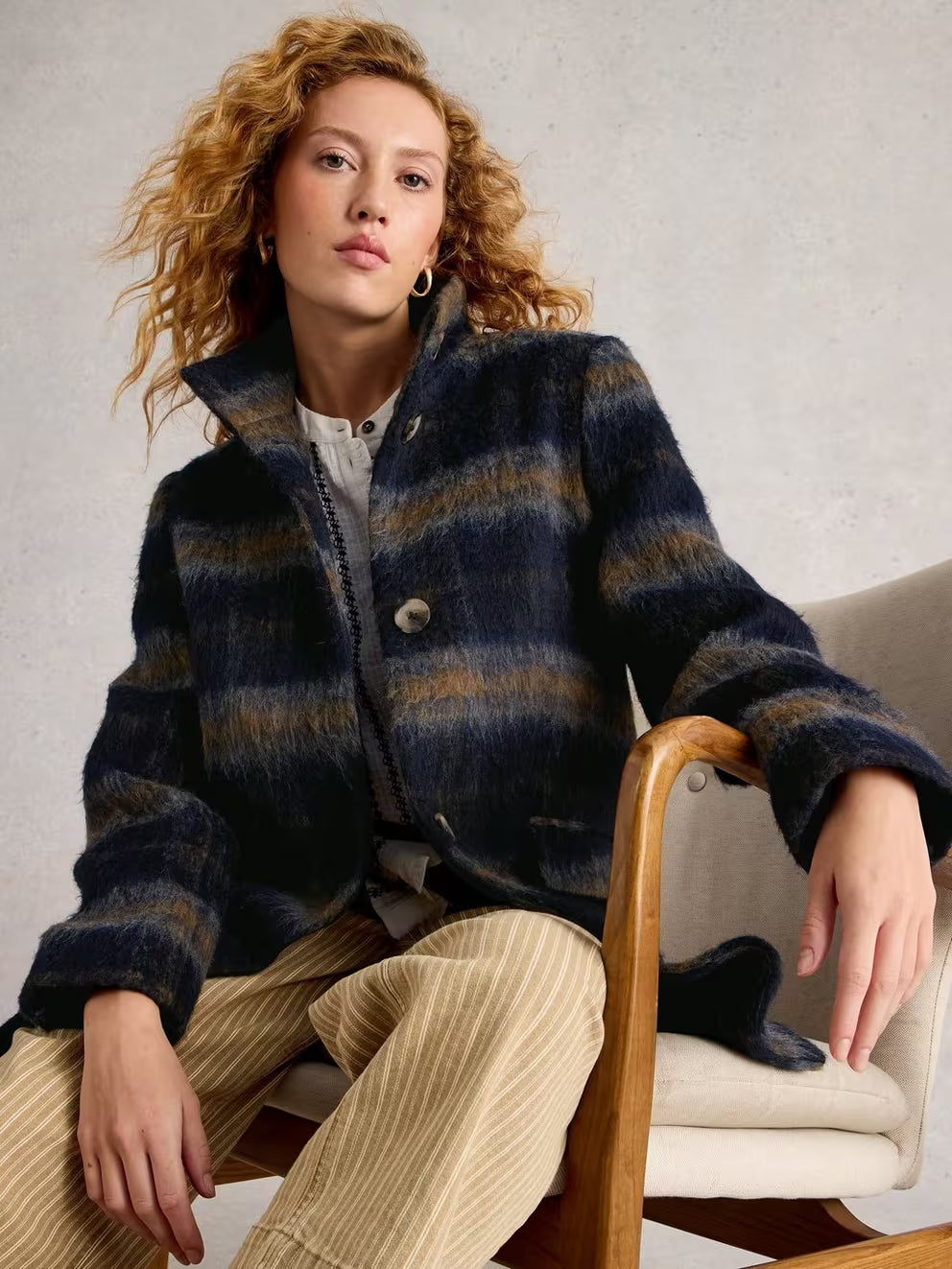 White Stuff Karla Wool Check Coat - Blue Multi