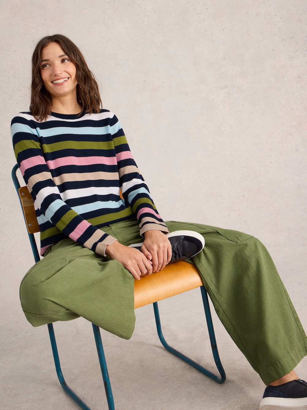 White Stuff Multi Stripe Crew Merino - Navy Multi Clothing - Tops - Sweaters - Pullovers by White Stuff | Grace the Boutique