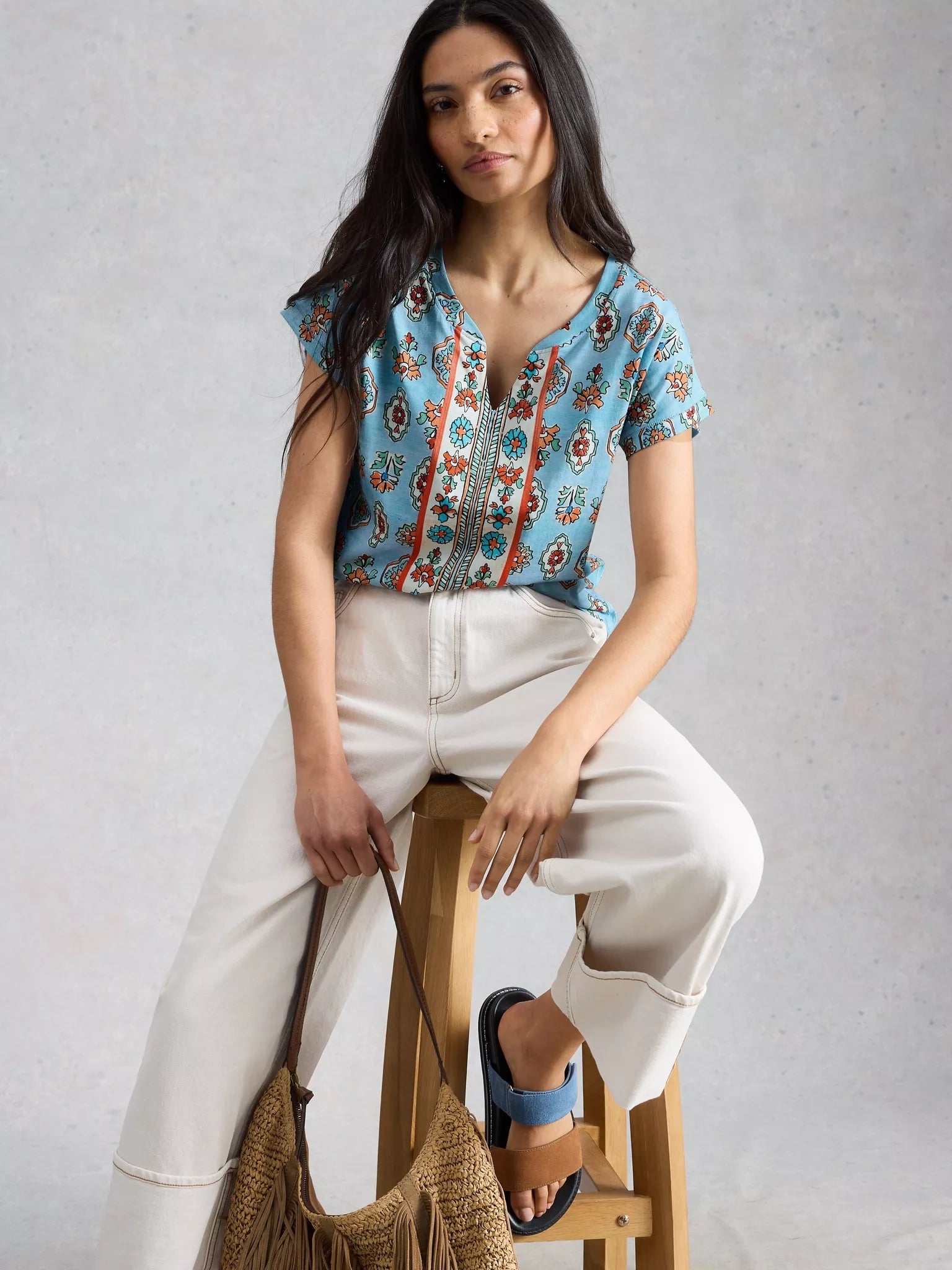 White Stuff Nelly Notch Tee - Blue Print Summer 26